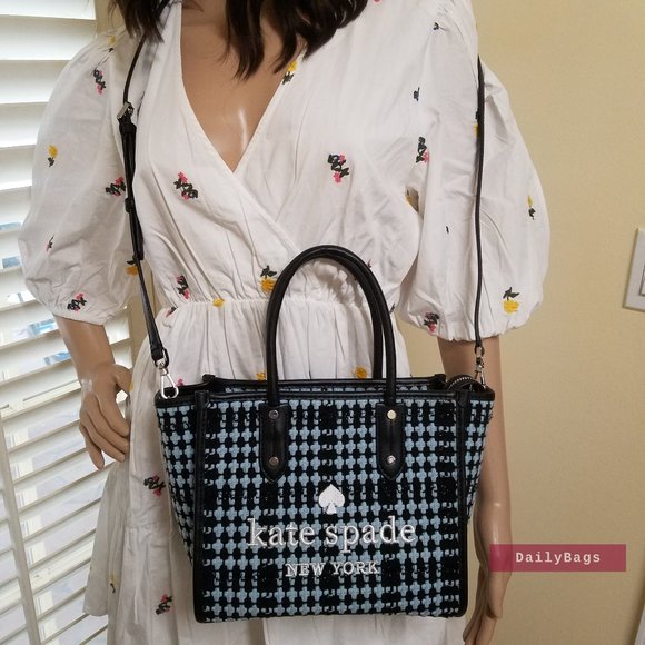 BEAUTIFUL BLACK CHECKERED PLAID BLUE CROSSBODY SMALL SATCHEL KATE SPADE  ELLA - Picture 3 of 8